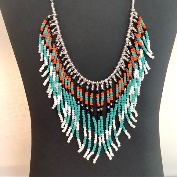 Handmade turquoise boho fringed festival beaded necklace - Picture 2 of 4
